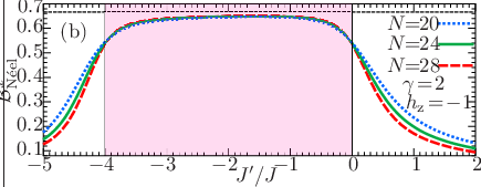 \psfrag{BNx}{ ${\mathcal{B}}_{\textrm{N\'{e}el}}^{x}$}\psfrag{a}{(a)}\psfrag{b}{(b)}\psfrag{c}{(c)}\psfrag{d}{(d)}\psfrag{e}{(e)}\psfrag{d2}{$\gamma\!=\!2$}\psfrag{jp}{ $J^{\prime}/J$}\psfrag{x}{ $2/3$}\psfrag{N=28}{$N\!\!=\!\!28$}\psfrag{N=20}{$N\!\!=\!\!20$}\psfrag{N=24}{$N\!\!=\!\!24$}\psfrag{N=12}{$N\!\!=\!\!12$}\psfrag{N=16}{$N\!\!=\!\!16$}\psfrag{h=0}{$h_{\rm z}\!=\!0$}\psfrag{h=1}{$h_{\rm z}\!=\!1$}\psfrag{h=2}{$h_{\rm z}\!=\!2$}\psfrag{h=-1}{$h_{\rm z}\!=\!-1$}\psfrag{h=-2}{$h_{\rm z}\!=\!-2$}\psfrag{0}{0}\psfrag{1}{1}\psfrag{2}{2}\psfrag{-1}{$-1$}\psfrag{-3}{$-3$}\psfrag{-2}{$-2$}\psfrag{-4}{$-4$}\psfrag{-5}{$-5$}\psfrag{-6}{$-6$}\psfrag{-7}{$-7$}\psfrag{3}{3}\psfrag{4}{4}\psfrag{5}{5}\psfrag{6}{6}\psfrag{7}{7}\psfrag{0.1}{$0.1$}\psfrag{0.2}{$0.2$}\psfrag{0.3}{$0.3$}\psfrag{0.4}{$0.4$}\psfrag{0.0}{$0.0$}\psfrag{0.5}{$0.5$}\psfrag{0.6}{$0.6$}\psfrag{0.7}{$0.7$}\includegraphics[width=230.0pt]{Binder-parameter-neelx-hz--1.0-gamma-2.0.eps}