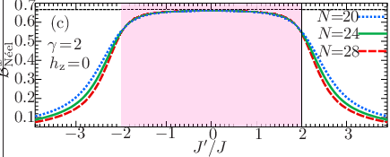 \psfrag{BNx}{ ${\mathcal{B}}_{\textrm{N\'{e}el}}^{x}$}\psfrag{a}{(a)}\psfrag{b}{(b)}\psfrag{c}{(c)}\psfrag{d}{(d)}\psfrag{e}{(e)}\psfrag{d2}{$\gamma\!=\!2$}\psfrag{jp}{ $J^{\prime}/J$}\psfrag{x}{ $2/3$}\psfrag{N=28}{$N\!\!=\!\!28$}\psfrag{N=20}{$N\!\!=\!\!20$}\psfrag{N=24}{$N\!\!=\!\!24$}\psfrag{N=12}{$N\!\!=\!\!12$}\psfrag{N=16}{$N\!\!=\!\!16$}\psfrag{h=0}{$h_{\rm z}\!=\!0$}\psfrag{h=1}{$h_{\rm z}\!=\!1$}\psfrag{h=2}{$h_{\rm z}\!=\!2$}\psfrag{h=-1}{$h_{\rm z}\!=\!-1$}\psfrag{h=-2}{$h_{\rm z}\!=\!-2$}\psfrag{0}{0}\psfrag{1}{1}\psfrag{2}{2}\psfrag{-1}{$-1$}\psfrag{-3}{$-3$}\psfrag{-2}{$-2$}\psfrag{-4}{$-4$}\psfrag{-5}{$-5$}\psfrag{-6}{$-6$}\psfrag{-7}{$-7$}\psfrag{3}{3}\psfrag{4}{4}\psfrag{5}{5}\psfrag{6}{6}\psfrag{7}{7}\psfrag{0.1}{$0.1$}\psfrag{0.2}{$0.2$}\psfrag{0.3}{$0.3$}\psfrag{0.4}{$0.4$}\psfrag{0.0}{$0.0$}\psfrag{0.5}{$0.5$}\psfrag{0.6}{$0.6$}\psfrag{0.7}{$0.7$}\includegraphics[width=230.0pt]{Binder-parameter-neelx-hz-0.0-gamma-2.0.eps}