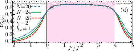 \psfrag{BNx}{ ${\mathcal{B}}_{\textrm{N\'{e}el}}^{x}$}\psfrag{a}{(a)}\psfrag{b}{(b)}\psfrag{c}{(c)}\psfrag{d}{(d)}\psfrag{e}{(e)}\psfrag{d2}{$\gamma\!=\!2$}\psfrag{jp}{ $J^{\prime}/J$}\psfrag{x}{ $2/3$}\psfrag{N=28}{$N\!\!=\!\!28$}\psfrag{N=20}{$N\!\!=\!\!20$}\psfrag{N=24}{$N\!\!=\!\!24$}\psfrag{N=12}{$N\!\!=\!\!12$}\psfrag{N=16}{$N\!\!=\!\!16$}\psfrag{h=0}{$h_{\rm z}\!=\!0$}\psfrag{h=1}{$h_{\rm z}\!=\!1$}\psfrag{h=2}{$h_{\rm z}\!=\!2$}\psfrag{h=-1}{$h_{\rm z}\!=\!-1$}\psfrag{h=-2}{$h_{\rm z}\!=\!-2$}\psfrag{0}{0}\psfrag{1}{1}\psfrag{2}{2}\psfrag{-1}{$-1$}\psfrag{-3}{$-3$}\psfrag{-2}{$-2$}\psfrag{-4}{$-4$}\psfrag{-5}{$-5$}\psfrag{-6}{$-6$}\psfrag{-7}{$-7$}\psfrag{3}{3}\psfrag{4}{4}\psfrag{5}{5}\psfrag{6}{6}\psfrag{7}{7}\psfrag{0.1}{$0.1$}\psfrag{0.2}{$0.2$}\psfrag{0.3}{$0.3$}\psfrag{0.4}{$0.4$}\psfrag{0.0}{$0.0$}\psfrag{0.5}{$0.5$}\psfrag{0.6}{$0.6$}\psfrag{0.7}{$0.7$}\includegraphics[width=230.0pt]{Binder-parameter-neelx-hz-1.0-gamma-2.0.eps}