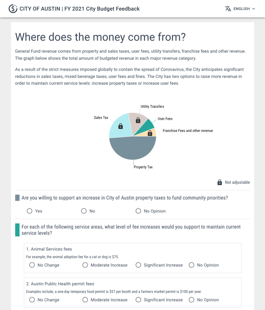 Screenshot with brief explanation of revenue side of the budget, and two example fee categories.