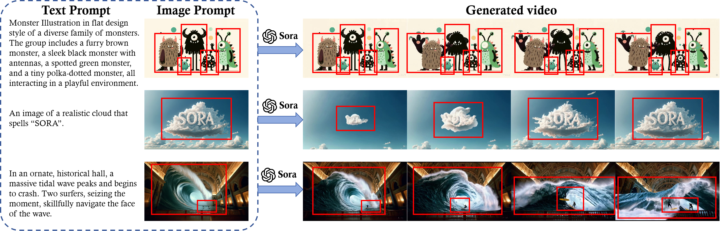 图 16: 这个示例展示了图像提示是如何指引 Sora 的文本到视频模型创造出视频的。红色框体突出显示了每个场景的核心元素——多样化设计的怪物、拼成“SORA”的云朵，以及在装饰华丽的大厅中面对巨大潮浪的冲浪者。