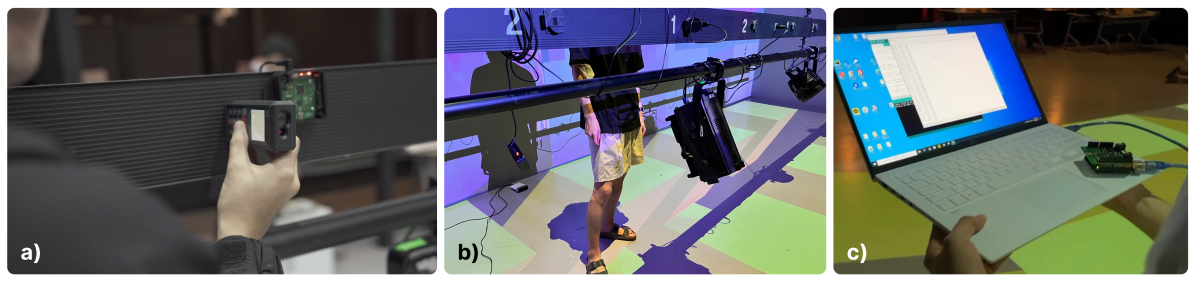 Figure depicts three stages of Ultra-Wideband (UWB) anchor setup: a) Measurement with a laser, b) Installation of UWB anchors on a batten, c) Testing data output on a laptop connected to a uwb tag.