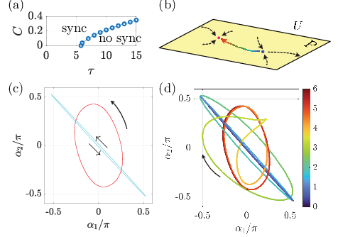 \begin{overpic}[width=256.0748pt]{figs/fig_poincare.eps}
\put(2.0,68.0){(a)}
\put(47.0,68.0){(b)}
\put(2.0,43.0){(c)}
\put(47.0,43.0){(d)}
\put(18.0,61.0){sync}
\put(29.0,58.0){no sync}
\put(26.0,25.0){$\searrow$}
\put(28.0,27.0){$\nwarrow$}
\end{overpic}