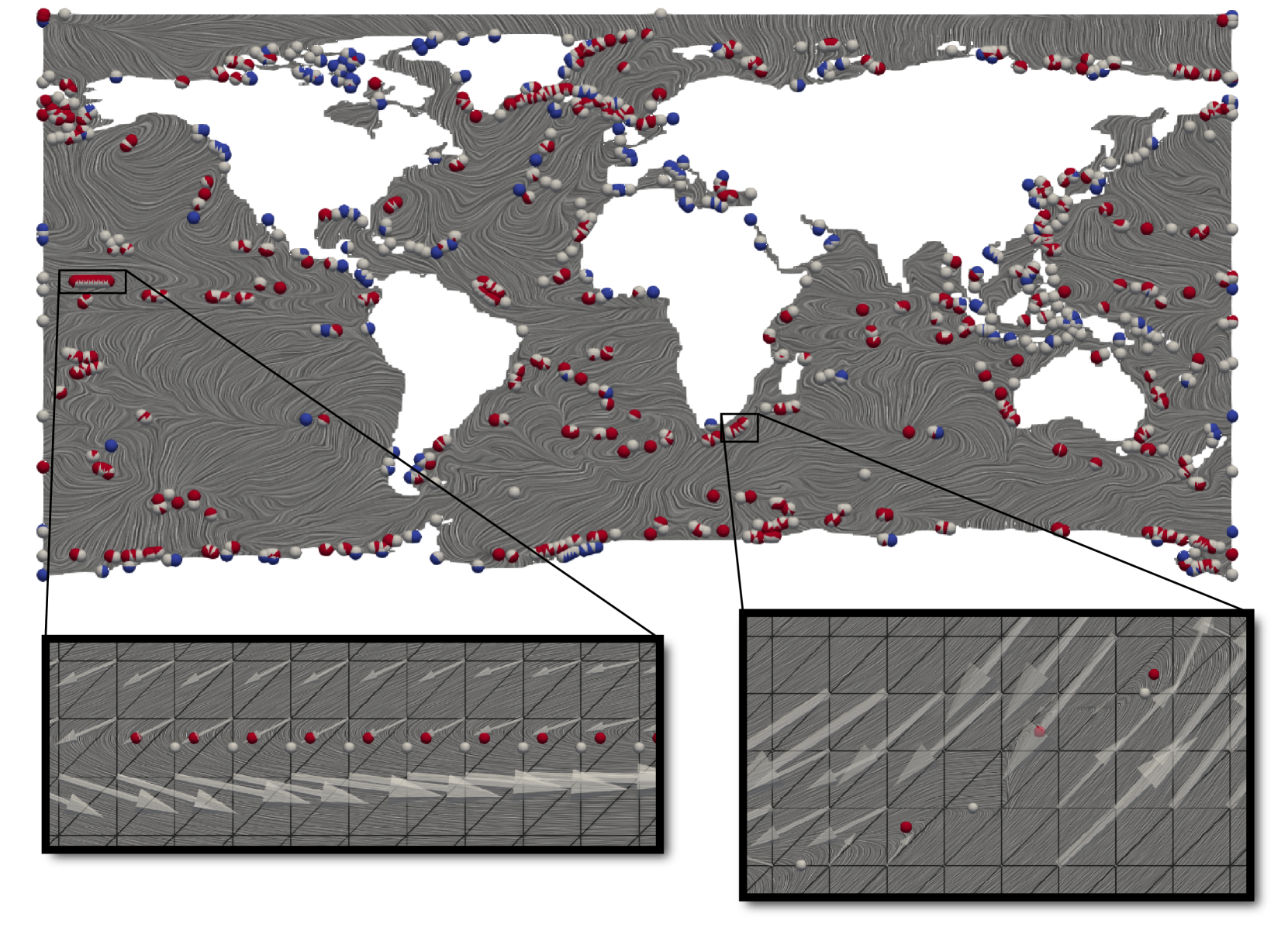 A map of the oceans with two regions zoomed in with sharp curves in flow.