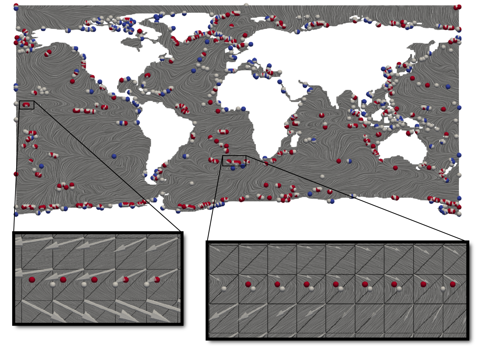 A map of the oceans with two diferent regions zoomed in with sharp curves in the flow.