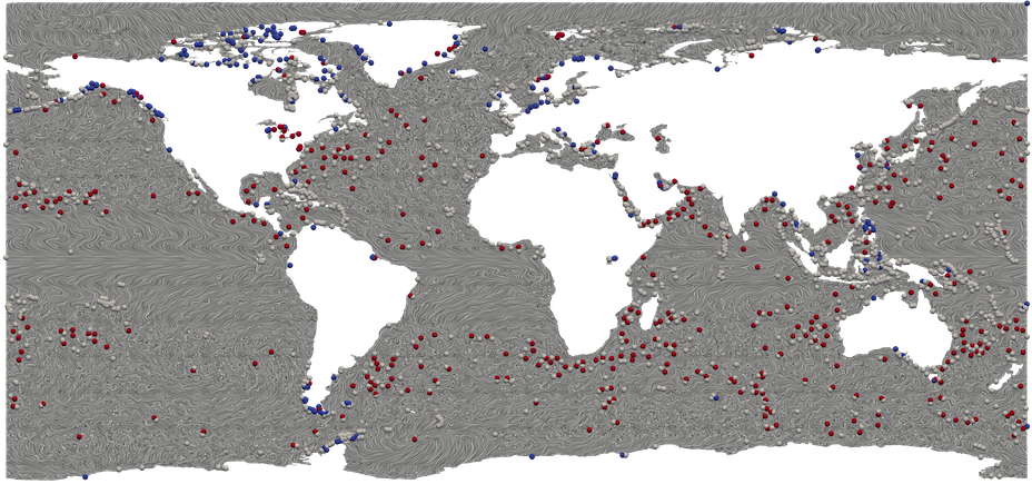 A map of earth with flow along oceans and points in various locations.