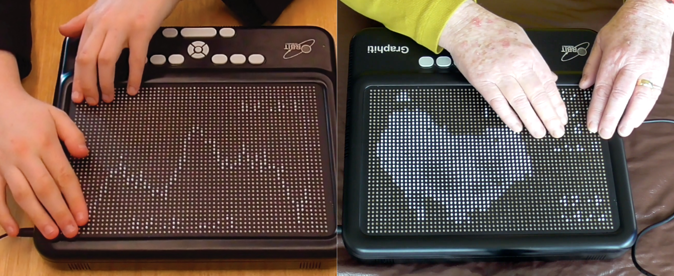 An image showing two participants interacting with visualizations rendered on the refreshable tactile display. In the first image, a participant has their hands tracing a line chart that has been rendered on the display. In the second image, a participant is touch reading braille labels that belong to a legend associated with an isarithmic map of Australia that is rendered on the display.