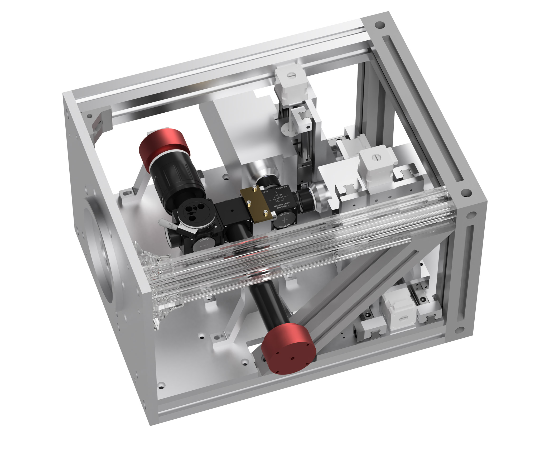 Cuboid support structure with the opitcal setup including the detectors and their movement assembly inside.