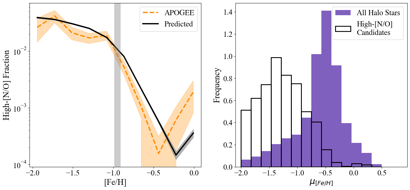 The fraction of N-rich stars among both APOGEE and the BP/RP candidates is approximately flat (with a slight decrease) at 2 times 10^-2 at metallicities beginning at [Fe/H]=-2, but the fraction drops rapidly to just above 10^-4 at about [Fe/H]=-1. There is a slight increase again at metallicities greater than -0.5, with the increase being higher for the APOGEE stars than the BP/RP candidates. The distribution of high-[N/O] candidates is noticeably more metal-poor than the distribution of the halo as a whole.
