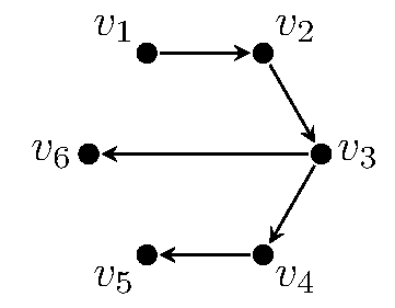 A tree quiver on six vertices v1, v2, v3, v4, v5, v6, with an arrow from v1 to v2, v2 to v3, v3 to v4, v4 to v5, and v3 to v6.