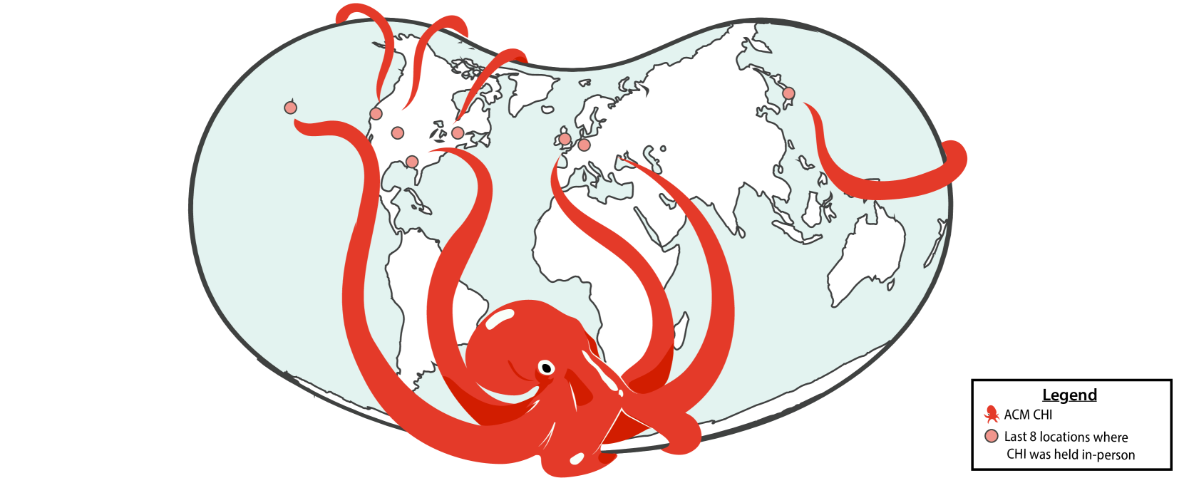 A world map with a giant red octopus grasping at the last 10 cities where CHI has taken place