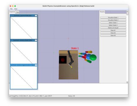 Screenshot of graphical user interface. Shows manipulation environment robot and control panel.
