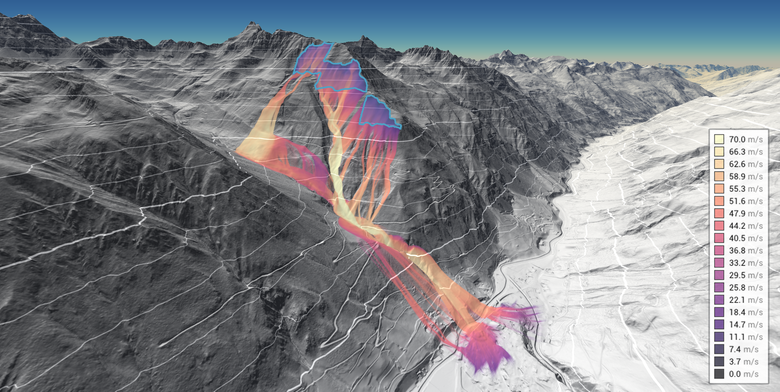 Mountains in Tyrol. Three areas near the peak of a mountain in the foreground are highlighted in blue. Originating from these areas, a flow representing the avalanche is heading downslope along the surface. The avalanche reaches speeds of up to 70 meters per second. Upon reaching the valley, it slows down and stops after a short distance.