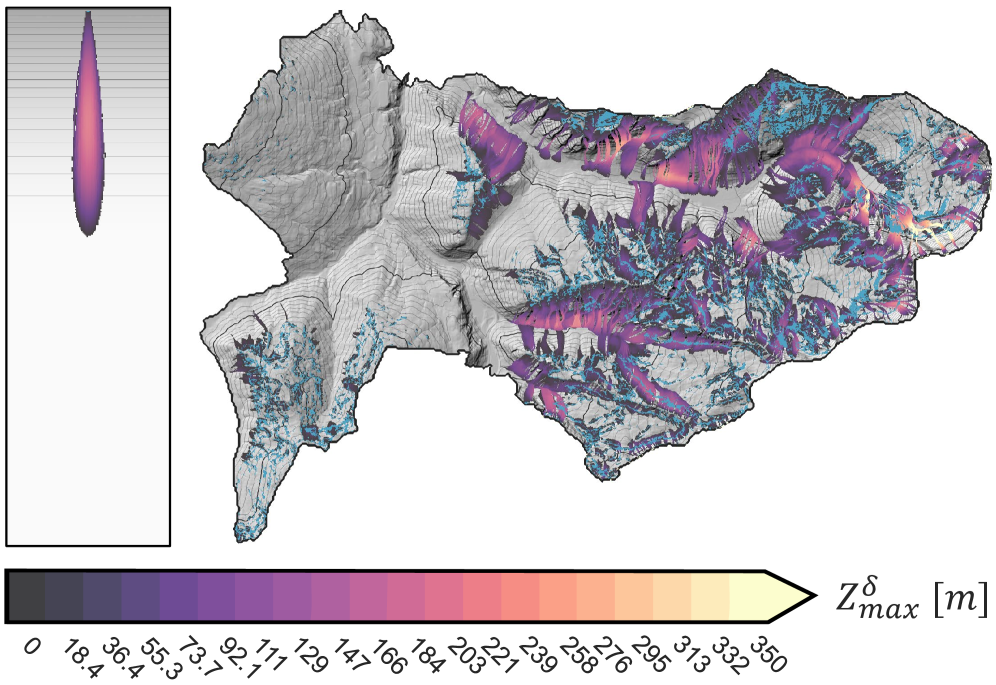 2D top-down view of our datasets, used for evaluating our avalanche simulation. The release points and computed avalanche path are overlaid.