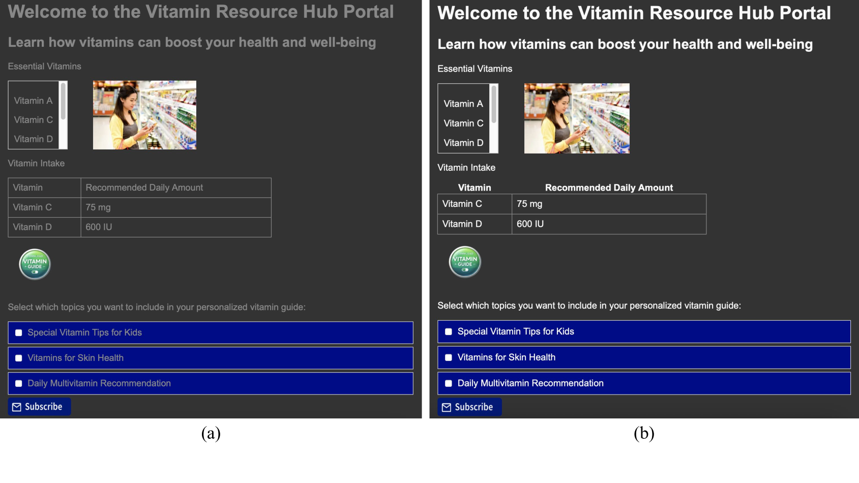 Interface of the Web page before (a) and after (b) correction with AccessGuru, corresponding to the code in Listing \ref{lst:accessibility_not_fixed} and Listing \ref{lst:accessibility_fixed}. This example includes corrections of all three violation types: (1) Syntactic, added missing table headers and ARIA attributes; (2) Semantic, replaced non-descriptive alt text with meaningful descriptions; and (3) Layout, adjusted color values to improve contrast. The overall visual appearance remains largely unchanged for typical users.
