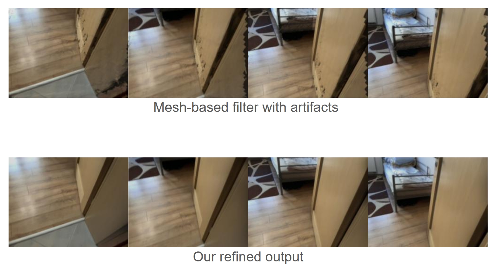 A figure showing comparison between mesh-based and our approach on refining artifacts in ARKit mesh. 