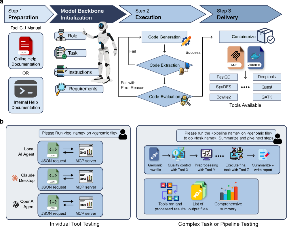 The top part (a) shows the flow of BioinfoMCP Converter, from preparation of documentation, backbone initialization, execution of code generation, extraction, and evaluation, and finally containerize the tools. The bottom part (b) shows how the tools got tested with AI Agents, and on complex tasks which then return the ran tools, output files, and a comprehensive summary.
