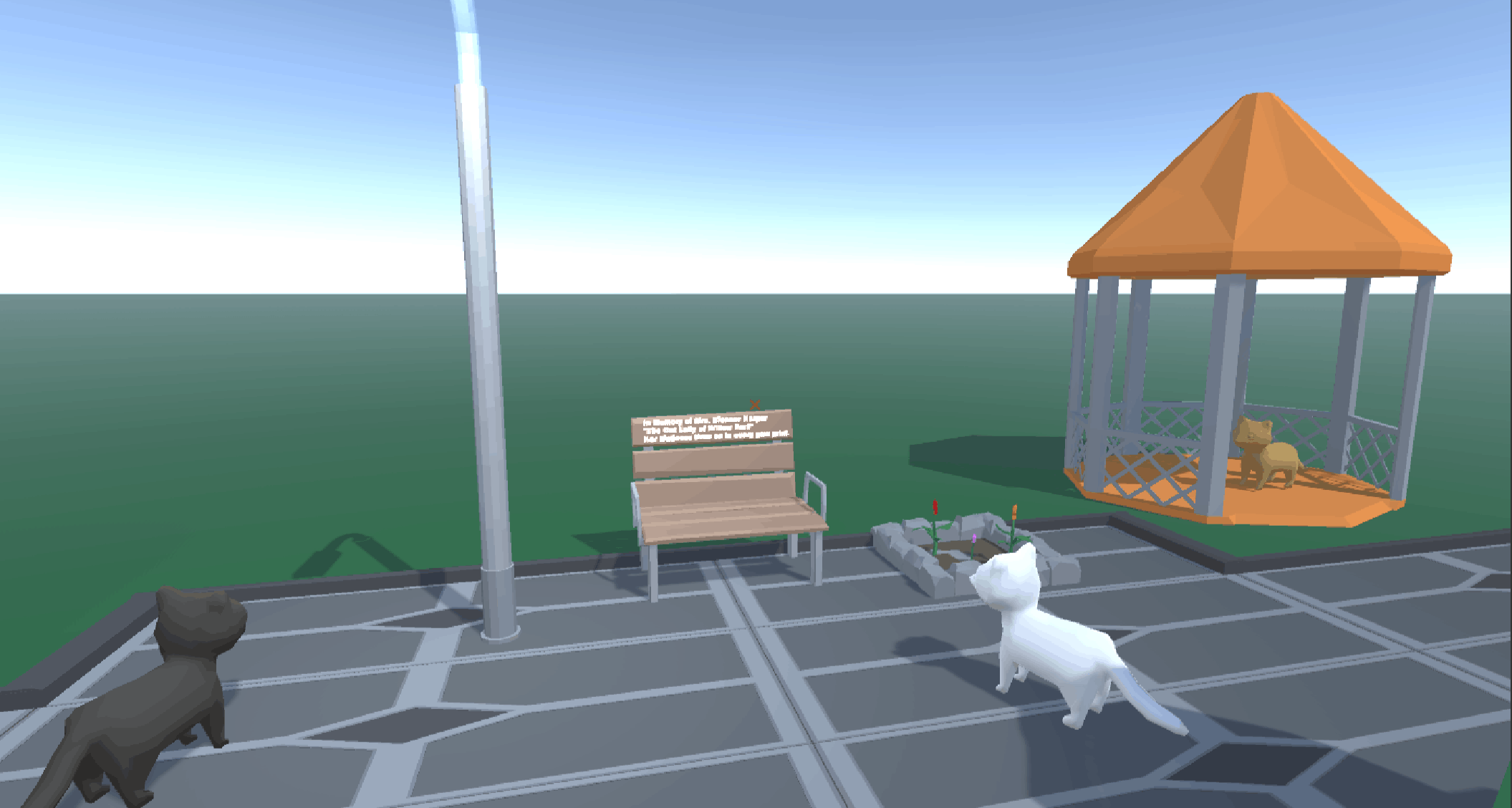 An image of a video game scene in a park. There is a road extending from left to right into the distance. A bench under a street lamp is next to the road. Several cats are on the road. There’s a garden hut in the distance.
