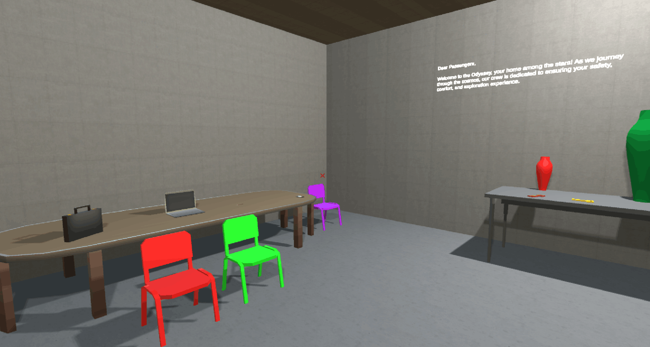 An image of an indoor video game scene. There are two tables in the room. The table on the right has colorful vases and small items on top. There’s a piece of white text on the wall above this table. The table on the left is surrounded by colorful chairs and has small items on top.