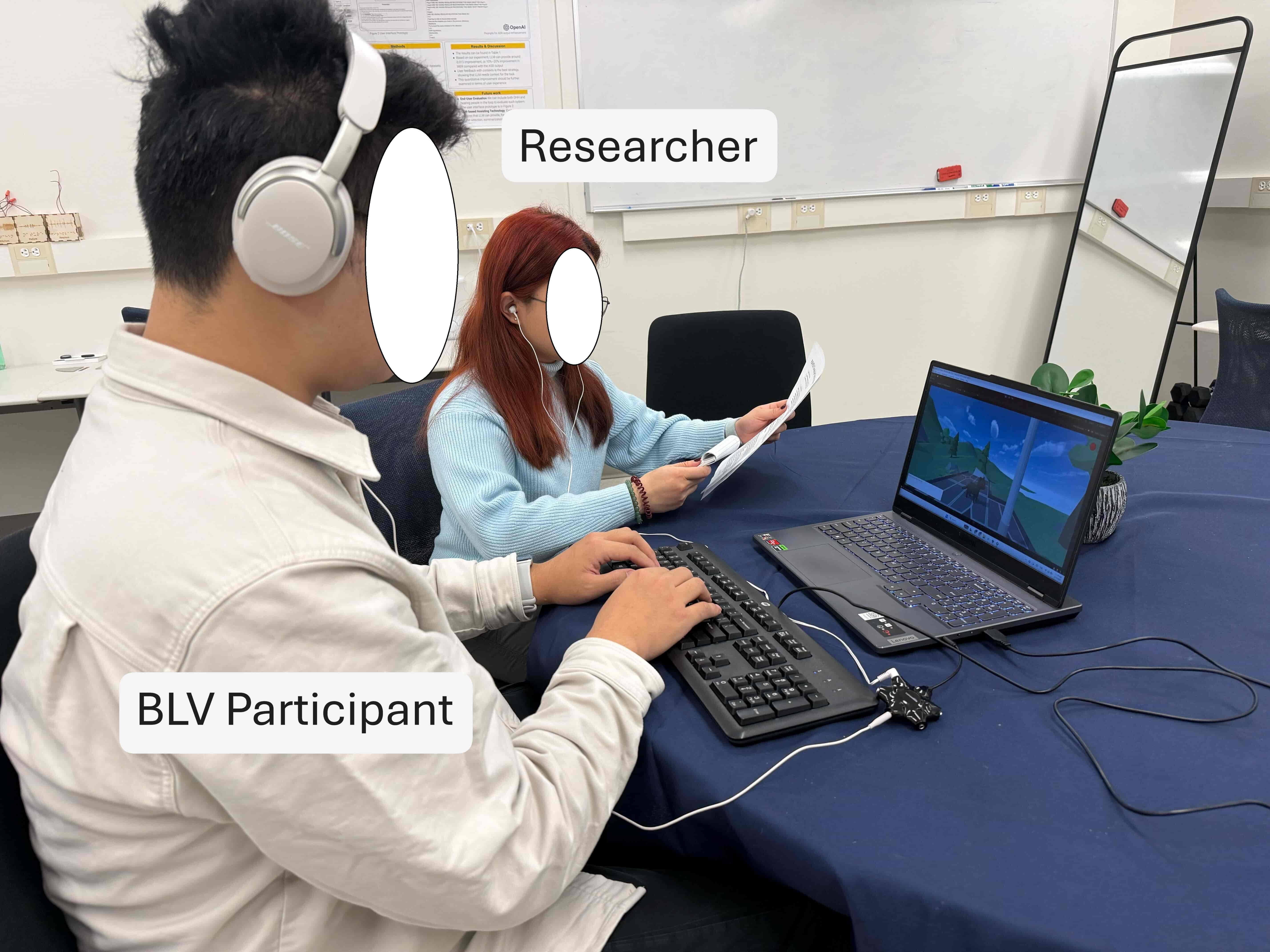 The image shows the study setup. A BLV participant and a researcher are sitting at a table with a laptop. The laptop screen is showing Scene 2 with RAVEN in action. The BLV user is using a keyboard to interact with the scene. Both the participant and the researcher had stereo headphones to access the sounds from the scene.