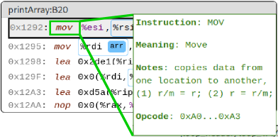 The image shows another basic block with the tool tip overlaid (floating) on top of it. The tool tip is a white rectangle with a green border and green text inside. There are four main sections to the text: Instruction, Meaning, Notes, and Opcode. Each of these headers is bolded and followed by a colon. Next to the colon is normal weight text with the extra information for the particular instruction.
