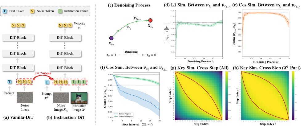 Сравнение традиционного DiT и DiT в задаче IIE (a, b) показывает различия в процессах шумоподавления, визуализированные символически (c), а также демонстрирует, что L1 и косинусная схожесть скоростей между последовательными шагами во время шумоподавления (d, e) и косинусная схожесть скоростей после t_{21} в отредактированных и нередактированных областях (f) демонстрируют различия, которые подтверждаются анализом схожести ключевых векторов между шагами (g) и схожестью ключевых векторов, связанных с инструкциями (h).