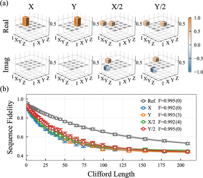 Характеризация однокубитных вентилей, реализованных с использованием схемы SR-NGQG, показывает, что значения верности для XX, YY, X/2X/2 и Y/2Y/2 составляют 0.996, 0.994, 0.991 и 0.993 соответственно, а анализ верности последовательности Клиффорда дает среднюю верность однокубитного вентиля 0.9981.