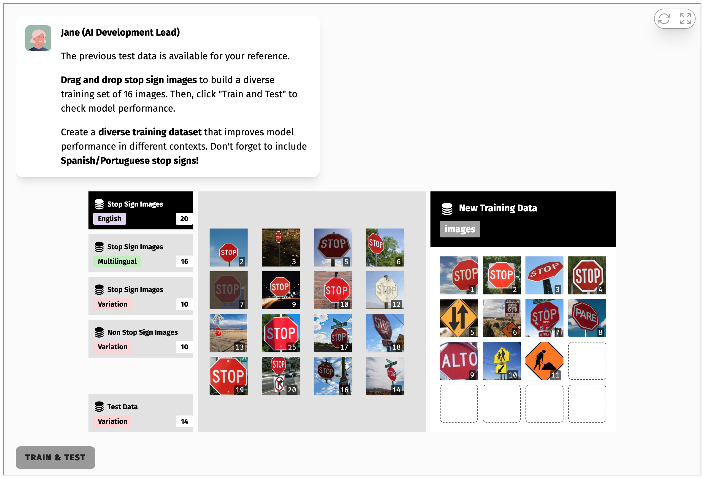 В интерактивной задаче в AI User учащиеся создают набор данных изображений для автономных транспортных средств, выбирая и уточняя визуальные данные для повышения способности искусственного интеллекта распознавать дорожные знаки.