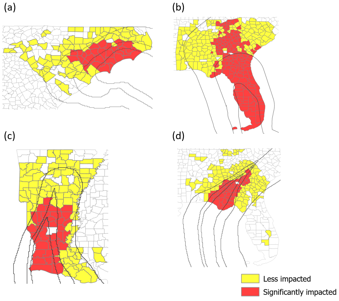 K-means clustering effectively differentiates counties significantly impacted by hurricanes Florence, Irma, Laura, and Michael (red) from those less affected (yellow), using wind swath boundaries of 64, 50, and 34 knots to define impact zones.