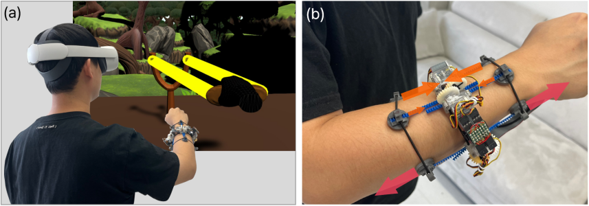 Система QuadStretcher расширяет возможности тактильного взаимодействия в дополненной и виртуальной реальности, воссоздавая ощущение растяжения кожи в реальном времени в ответ на деформацию виртуальных объектов, таких как резиновая лента, и тем самым стирая грань между цифровым и физическим мирами.