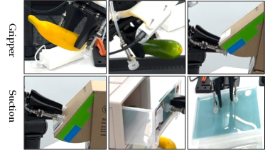 The end-effector features an integrated gripper and suction cup for versatile object manipulation.