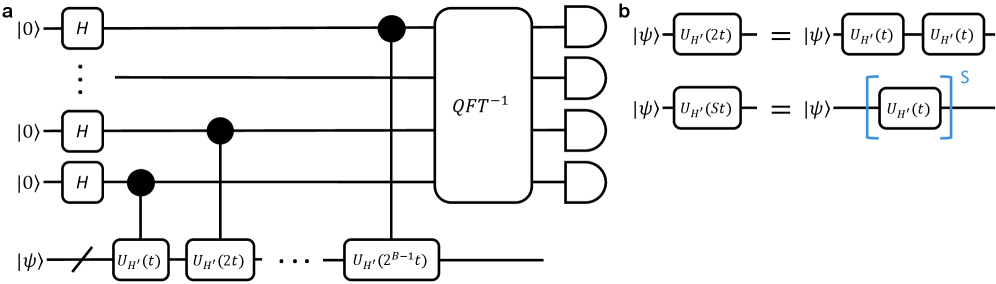 При использовании метода Троттера для кванционной оценки фазы, аппроксимированное временное развитие унитарного оператора достигается последовательным применением эффективных временных эволюций длительностью t, определяемой числом кубитов фазового регистра b.