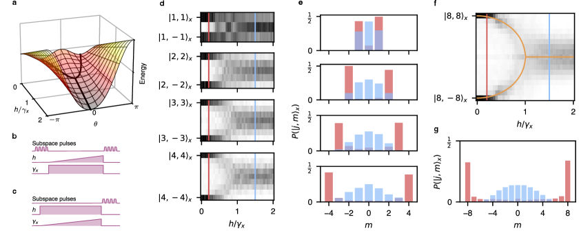 Распределение собственных состояний JxJx в основном состоянии LMG демонстрирует переход от двух вырожденных минимумов на поверхности энергии при низких значениях h/γx к единому минимуму при высоких значениях, что подтверждается экспериментальными данными и соответствует классической энергетической поверхности, спроецированной на ось JxJx.