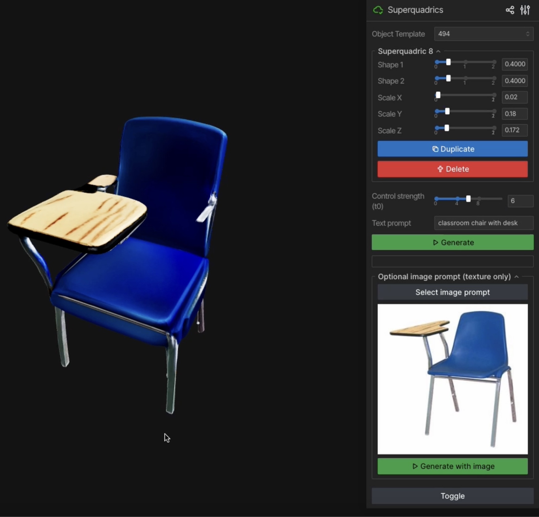 Интерактивный пользовательский интерфейс позволяет управлять генерируемой геометрией путем изменения формы примитивов, регулировки силы условий, а также использования текстовых и, опционально, визуальных подсказок.