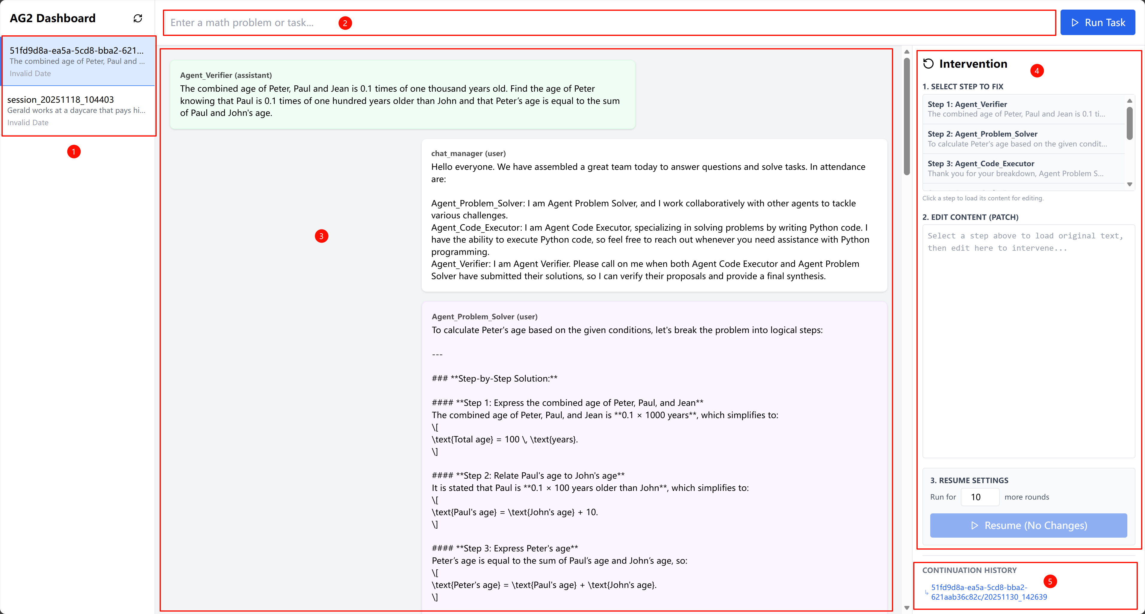 Веб-интерфейс системы AG2 MathChat позволяет пользователю просматривать историю математических задач, вводить новые, отслеживать многоагентный диалог с промежуточным рассуждением и редактировать сообщения или планы агентов для корректировки процесса решения.