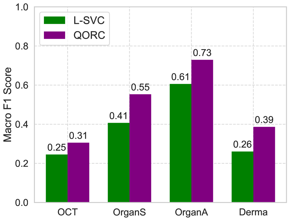 Обучение с использованием квантового резервуара (N=3, M=20) значительно повысило точность классификации QORC на различных наборах данных MedMNISTv2, особенно на изображениях в оттенках серого (OCT, OrganS, OrganA) и цветных (Derma), что подтверждается результатами, полученными после 200 эпох обучения и использования 30 000 образцов резервуара.