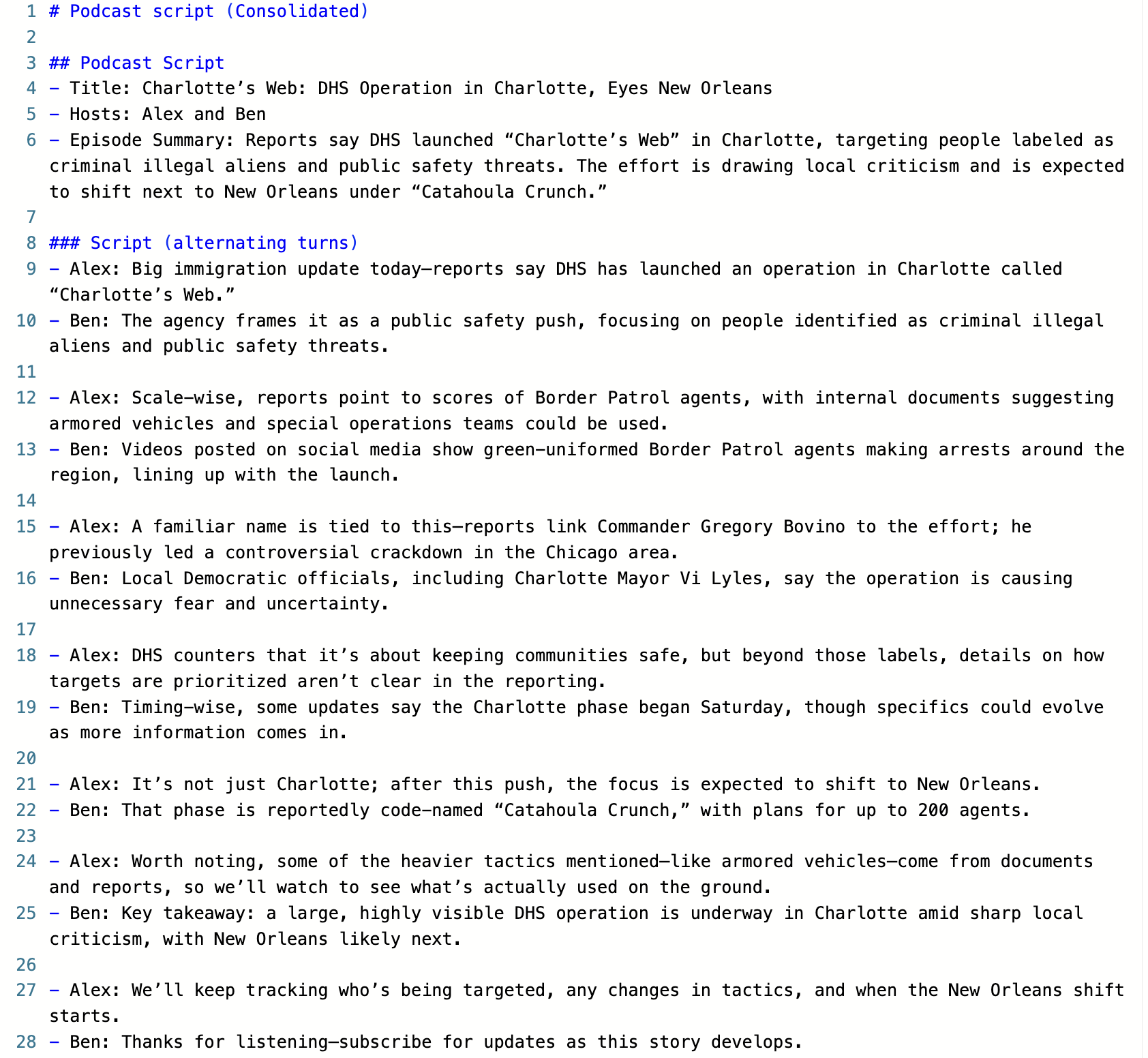 The Reasoning Agent successfully generated a final, consolidated podcast script.