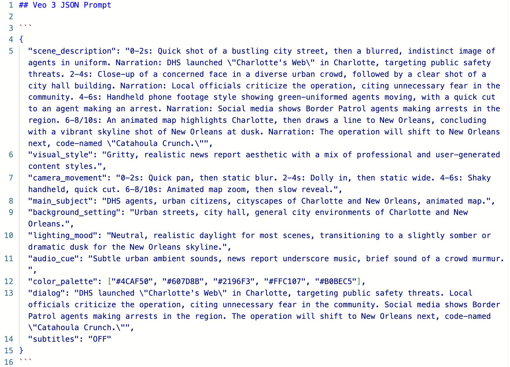 The Veo-3 Builder Agent successfully generated a JSON prompt for Veo-3.