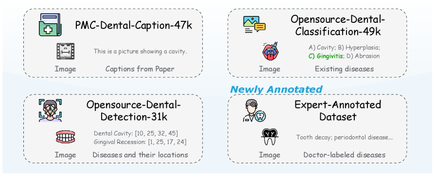 Примеры аннотаций, полученные из различных коллекций рентгеновских снимков зубов, демонстрируют разнообразие используемых подходов к маркировке данных.