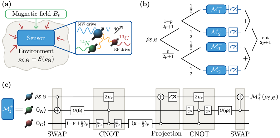 В предложенной схеме, внешние помехи, влияющие на чувствительность датчика магнитного поля, смягчаются посредством разделения измерительных циклов в соответствии с заданной вероятностной функцией, что позволяет обменивать зашумленную квантовую информацию с электронного спина NV-центра на спин ядра $^ {14}N$ для последующей реинициализации, при этом информация о шуме, подлежащем смягчению, поступает исключительно через углы $ \boldsymbol{\delta}, \boldsymbol{\varphi}, \nu $ и $ \mu $, а управление спинами осуществляется посредством CNOT-вентелей и проективных измерений.
