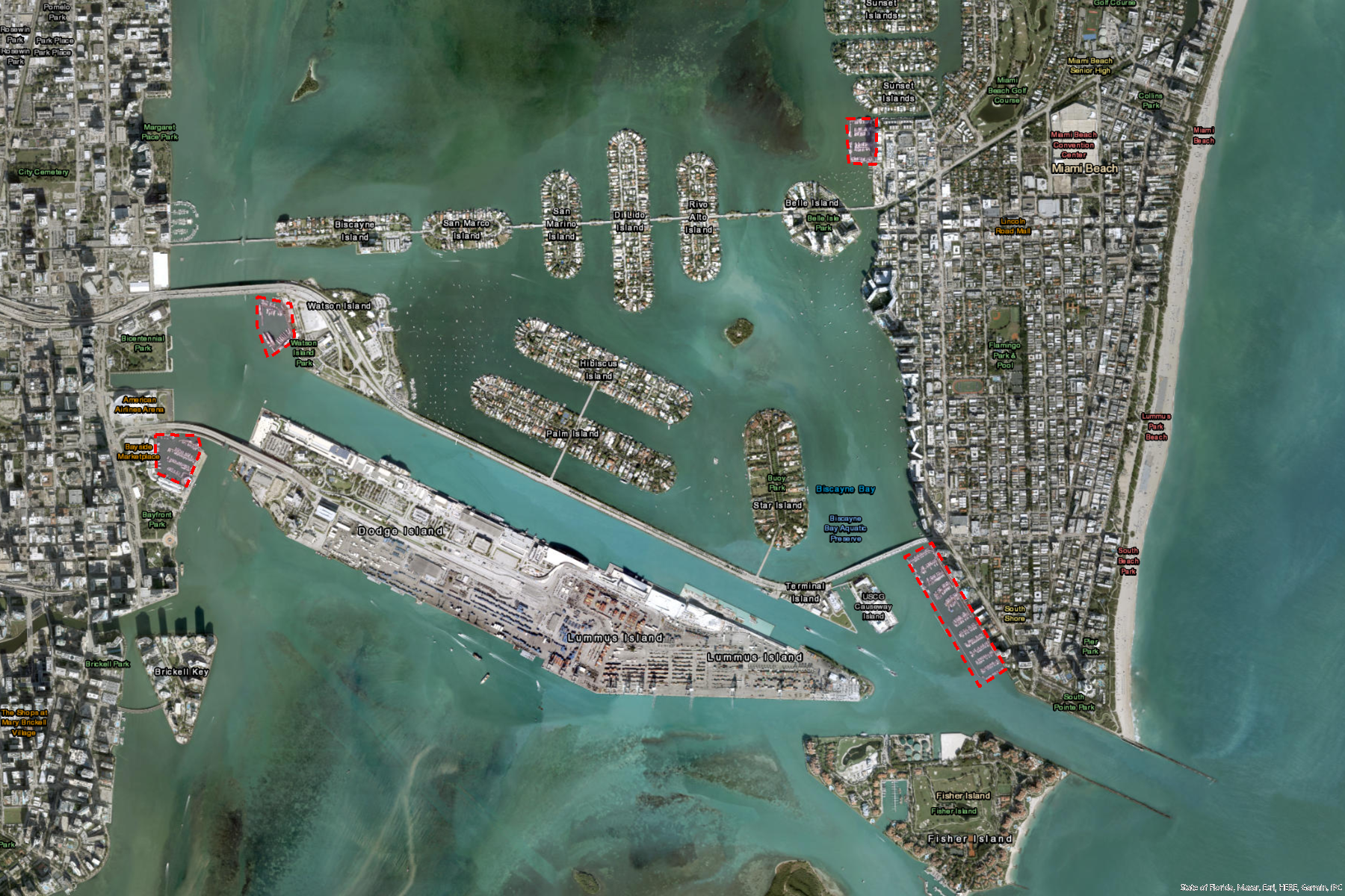 Satellite imagery of Miami Port area with vessel docks highlighted.