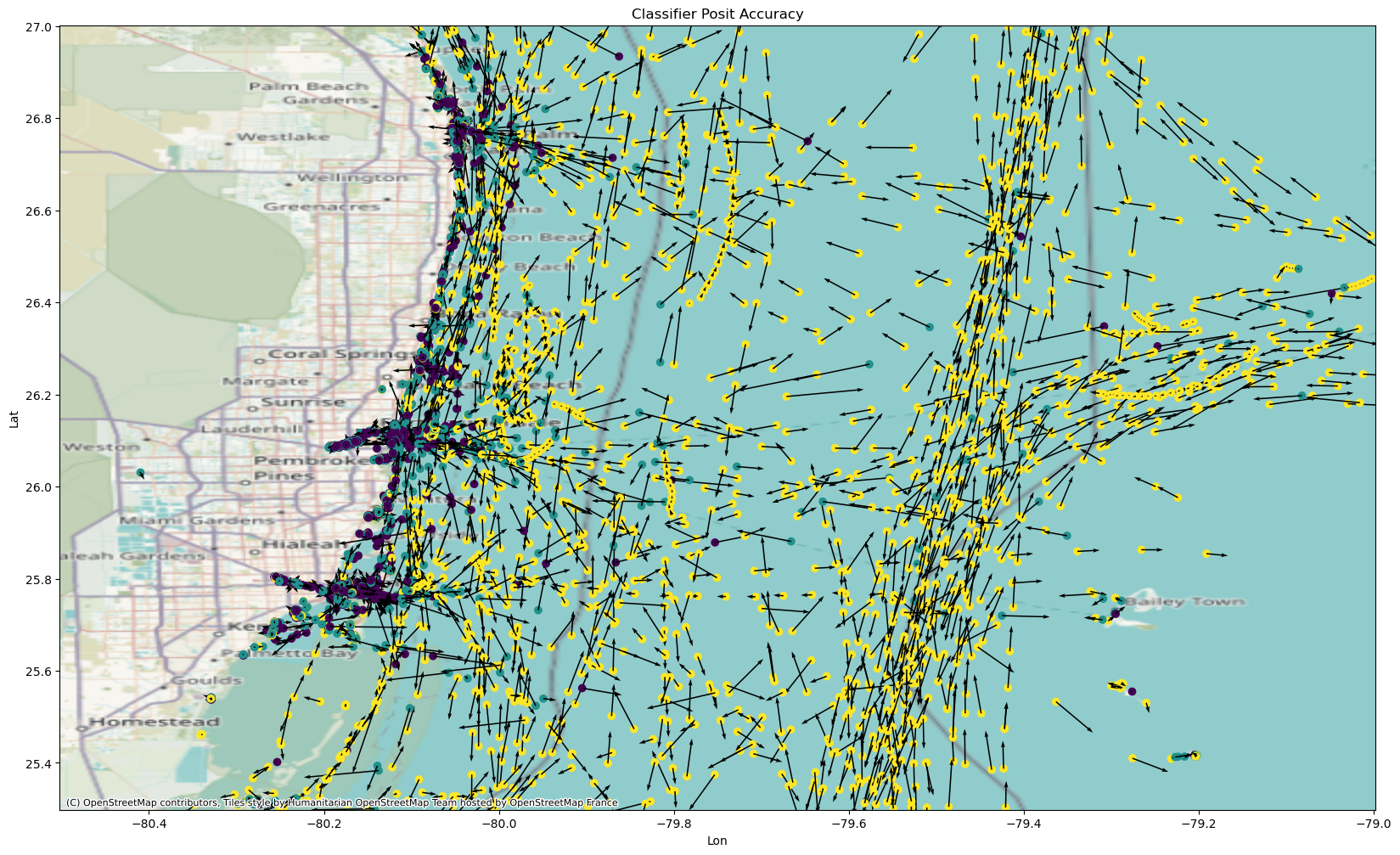 Map with tracks colored by the trained classifier’s posit accuracy: high accuracy offshore; lower accuracy in congested port regions.