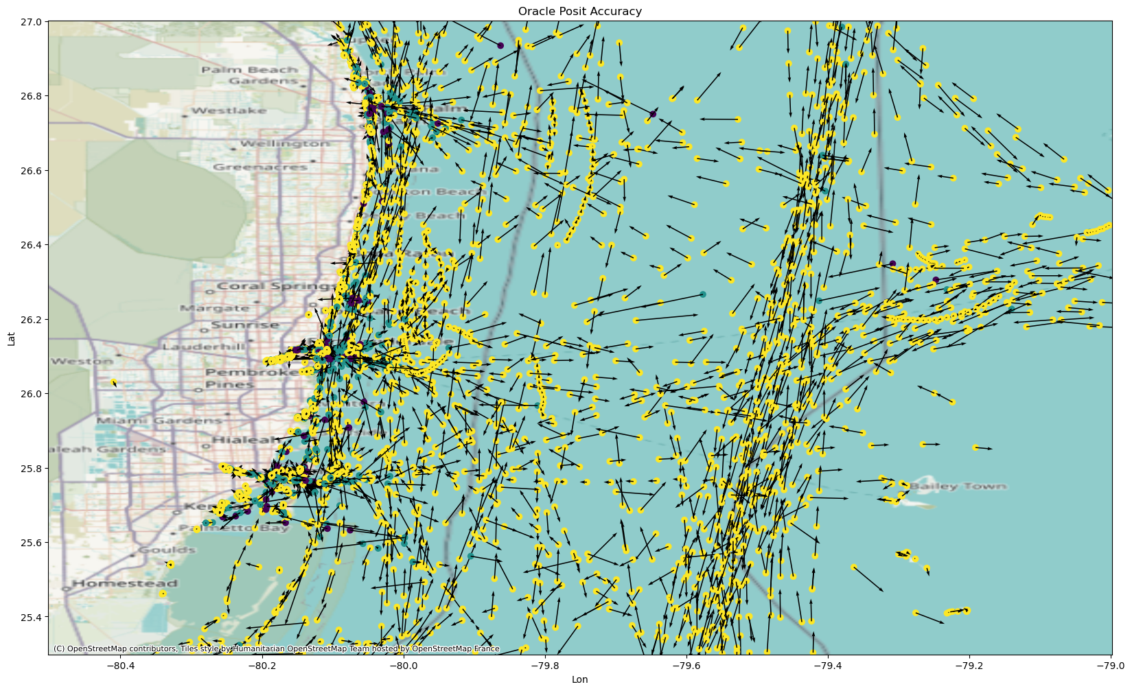 Map with vessel tracks colored by the oracle model’s posit accuracy: yellow perfect, blue partial, purple zero.