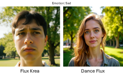 Модели семейства Flux с включённой VSF демонстрируют улучшенное качество генерации изображений по сравнению с Nano Banana, при этом DanceFlux, пытаясь передать грусть, склонен к чрезмерной позитивности и генерации счастливых лиц.