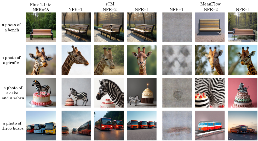 Метод sCM демонстрирует способность генерировать структурно связные изображения уже на первом шаге, в то время как MeanFlow сталкивается с коллапсом генерации на начальном этапе ($NFE=1$), требуя четырёх шагов ($NFE=4$) для достижения результатов высокого качества.