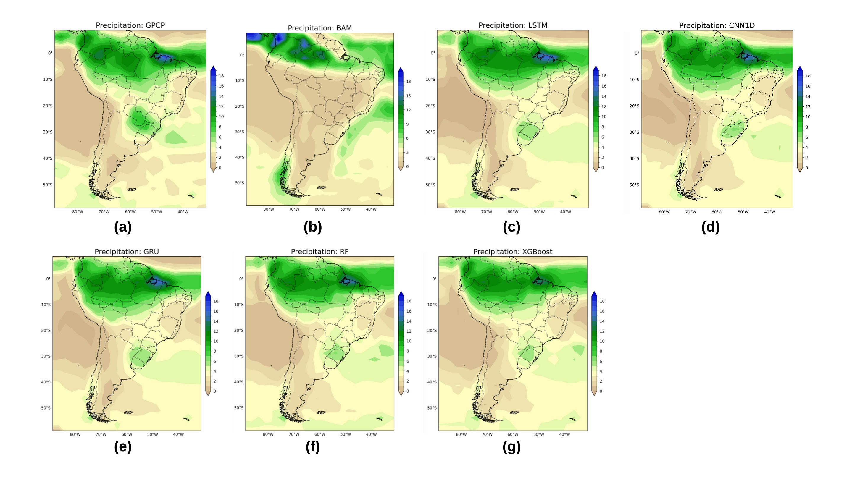 Maps comparing observed autumn 2019 precipitation (GPCP) with predictions from various machine learning models-BAM, LSTM, CNN1D, GRU, RF, and XGBoost-demonstrate the range of modeled precipitation patterns.