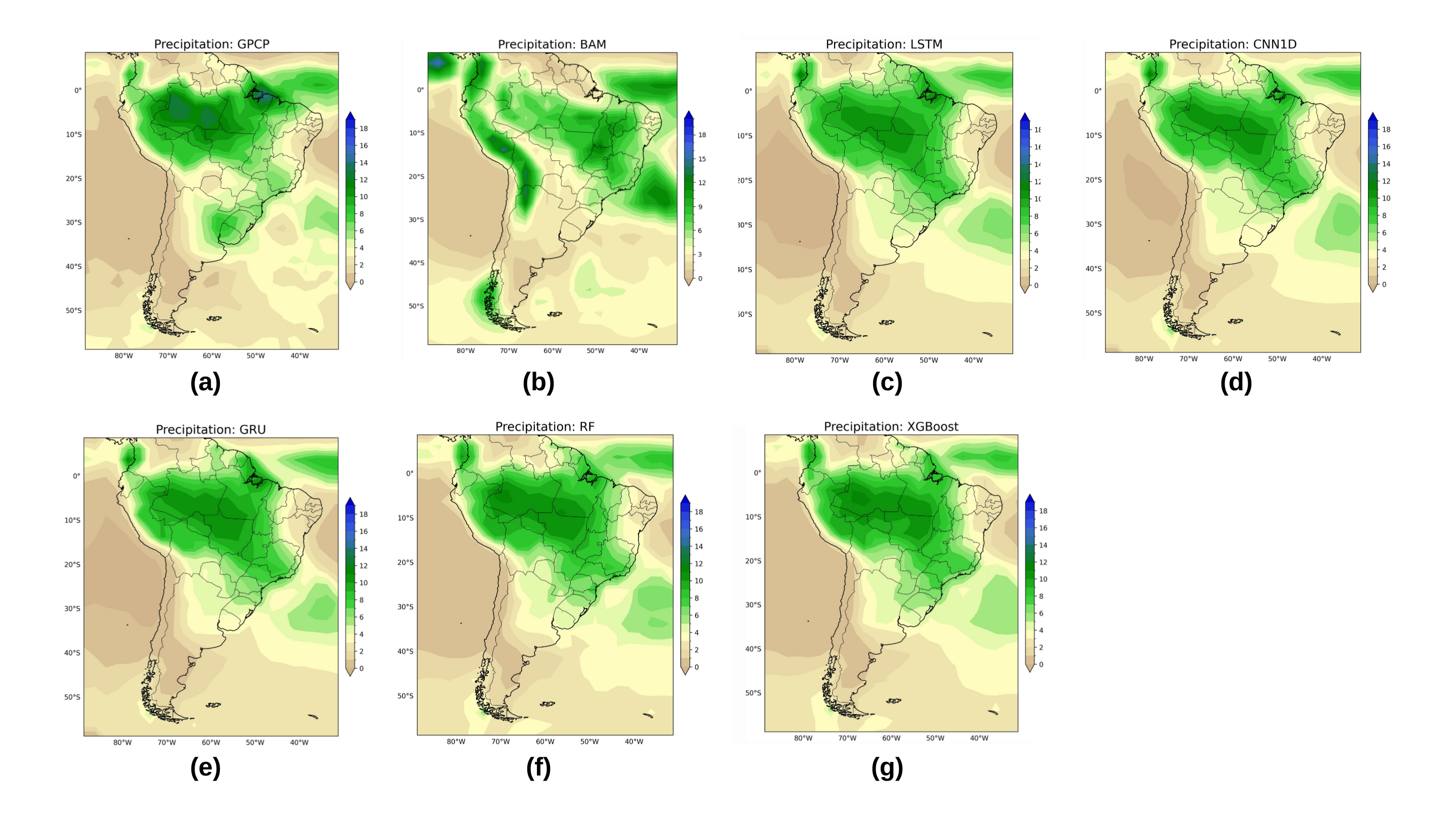 Summer 2019 precipitation maps derived from GPCP observations and various machine learning models-BAM, LSTM, CNN1D, GRU, RF, and XGBoost-demonstrate the models' ability to estimate rainfall patterns.