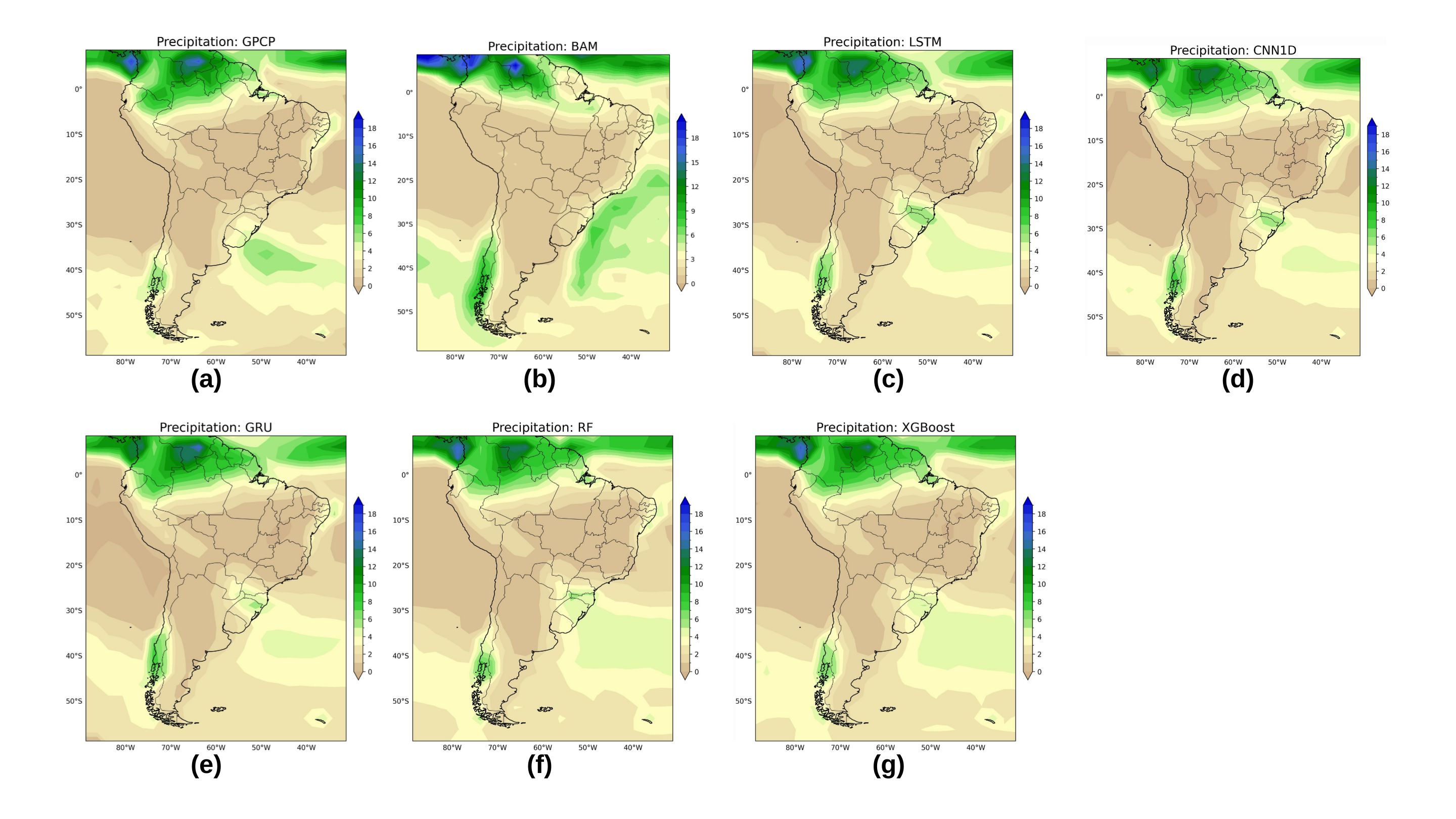 During the winter of 2019, various machine learning models-including LSTM, CNN1D, GRU, RF, and XGBoost-estimated precipitation patterns as observed by GPCP and modeled by BAM.