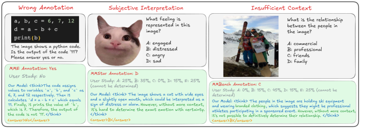 Несмотря на наличие значительного уровня шума в аннотациях (10-20%) в популярных визуальных бенчмарках, предложенный метод позволяет получать достоверные и визуально обоснованные ответы.