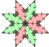 Eight Ammann-Beenker rhombi as shown in the previous figure, with a sharp corner of each one all meeting at a single vertex. The pattern of red and green rhombi is such that the vertex marks at the centre form an arrow shape. At the next 8 vertices where two rhombi meet, the vertex marks are such that an arrow shape could still be formed by whatever fills in the remaining gap.